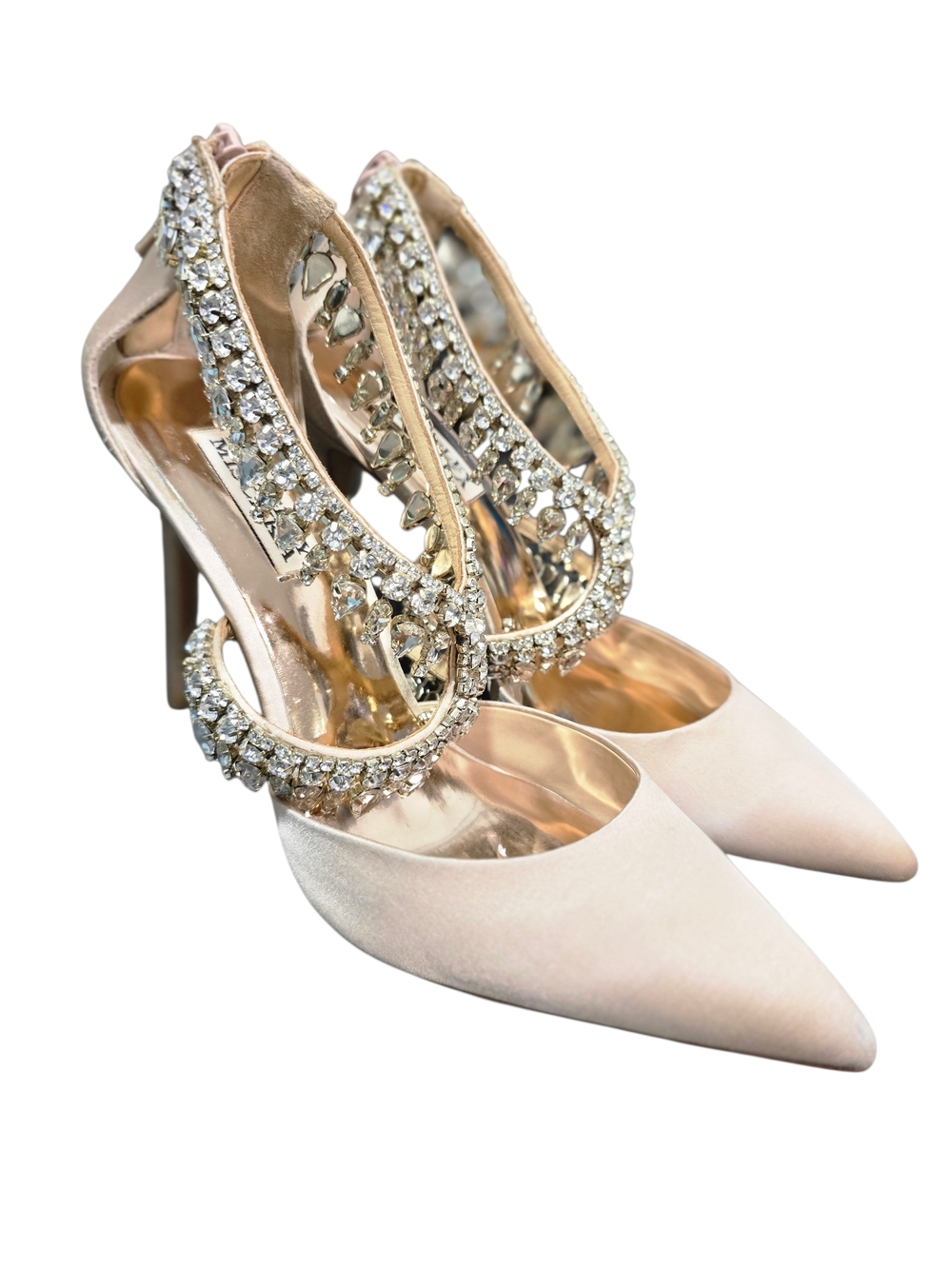 Badgley Mischka Blush Satin Pointed-Toe Heels with Crystal Anklet Size 8